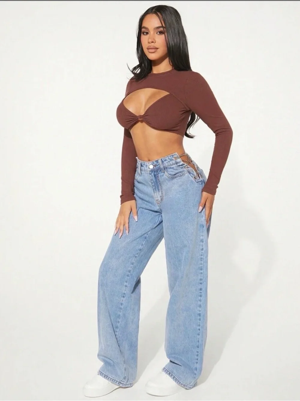 High-Waist Wide Leg Jeans with Side Chain Detail - Light Blue